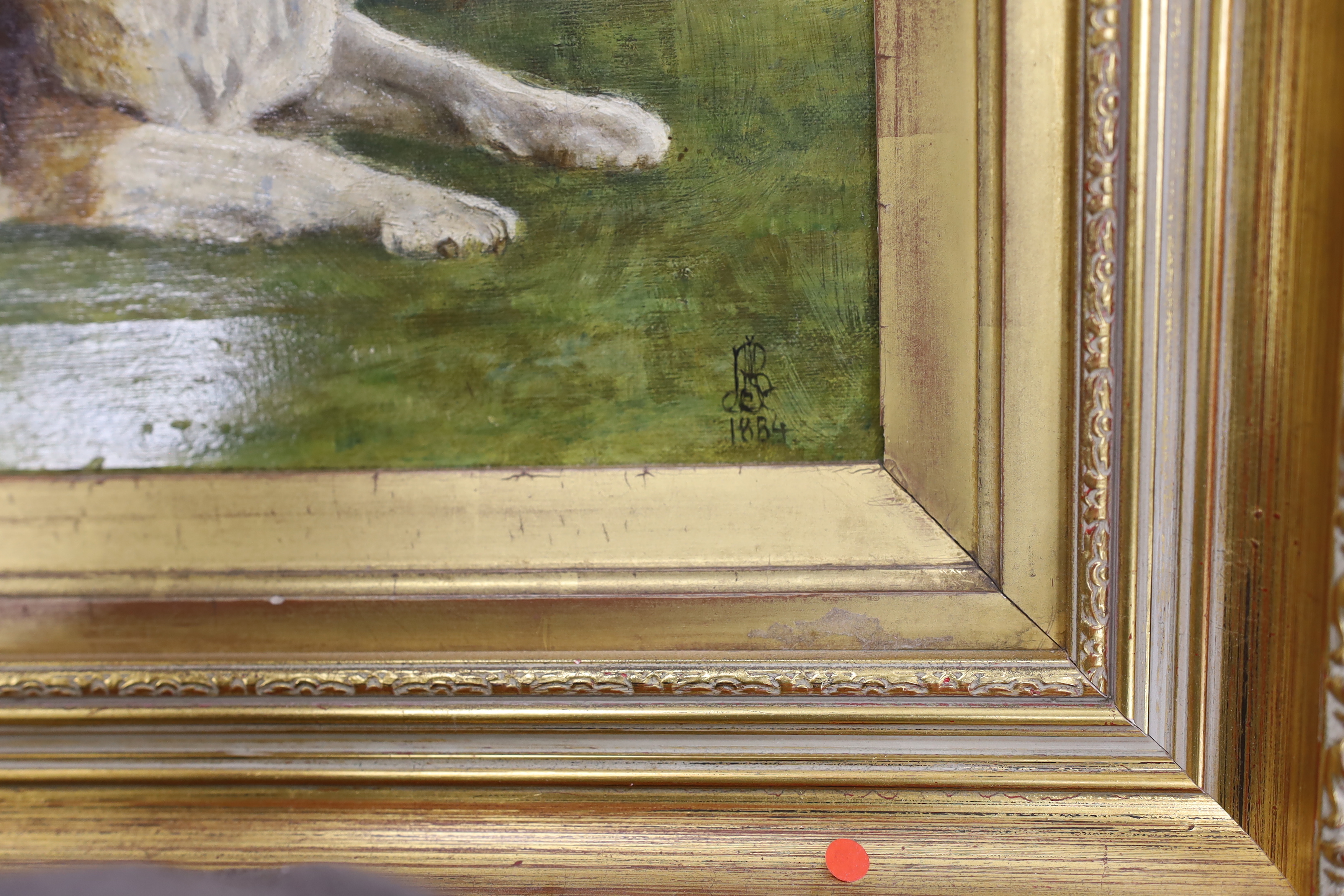 Victorian School, oil on canvas, Study of a St. Bernard dog, indistinctly monogrammed and dated 1884, 22 x 30cm, ornate gilt framed